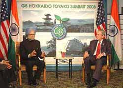 The Prime Minister, Dr. Manmohan Singh meeting with the President of United States, Mr. George W. Bush on the sideline of G-8 summit, in Toyako, Japan on July 09, 2008. 